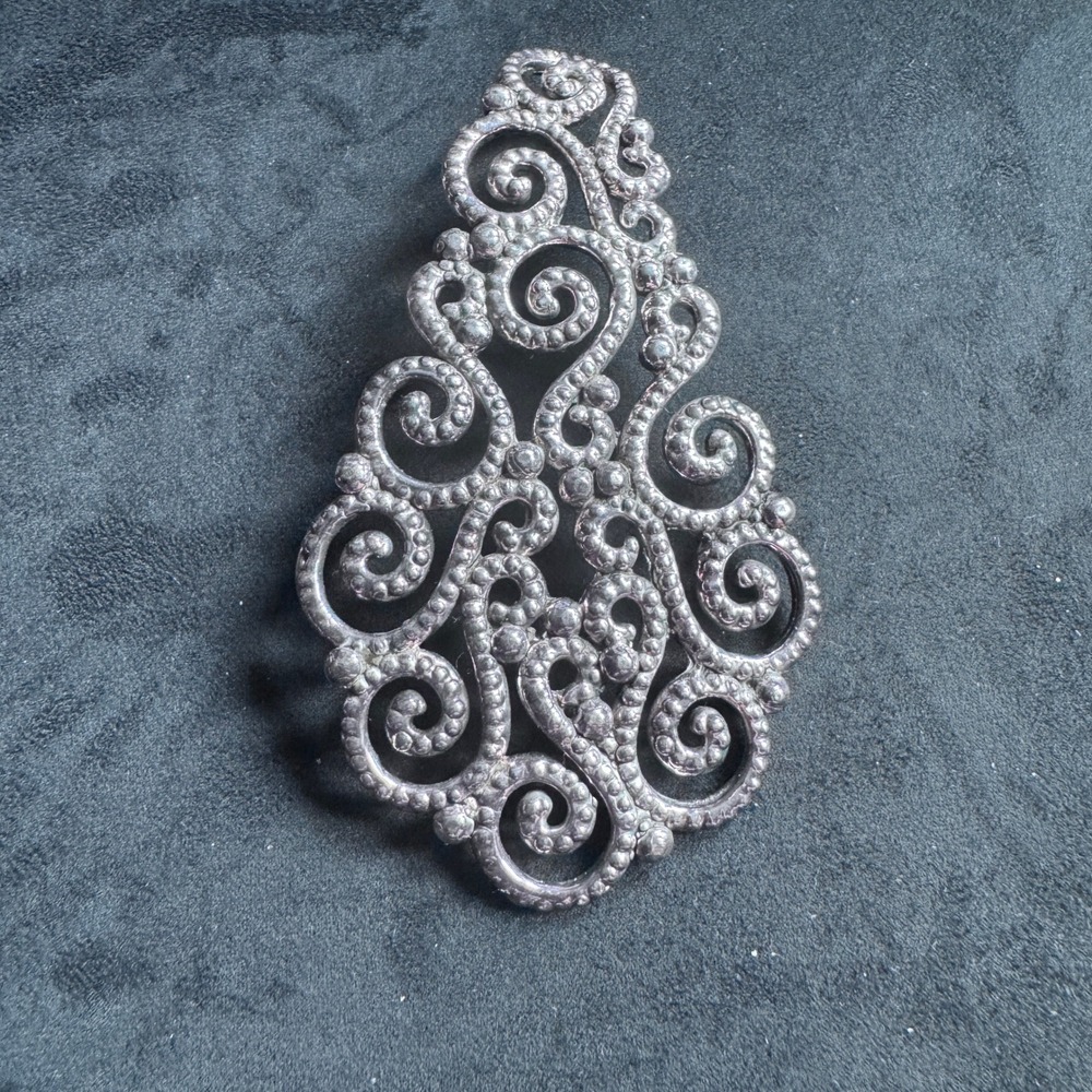 Israel 925 Sterling Silver Filigree Scroll Teardrop Pendant Statement Jewelry